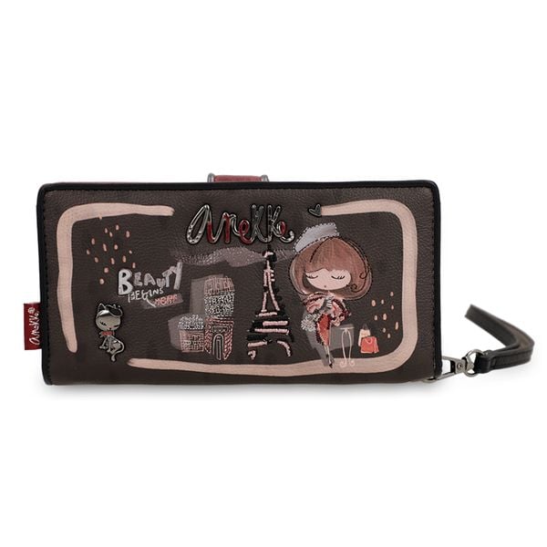 Portfel damski Anekke, duży bogato zdobiony z miejscem na zdjęcia na karty i na bilon, brązowy, 41809-901. Brązowe portfele Anekke, z aplikacjami, z materiału. Za 199,00 zł.