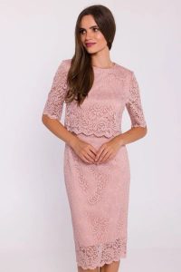 Elegancka ołówkowa dwuczęściowa sukienka koronkowa różowa. Czerwone sukienki Stylove, m, bez wzorów, z koronki, eleganckie, bez kołnierzyka, bez ramiączek, ołówkowe. Za 449,00 zł.