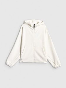 4F Bluza dresowa regular z kapturem damska - biała L. Białe bluzy 4f, l, bez wzorów, z dresówki, z kapturem. Za 199,99 zł.