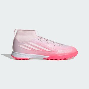 Dziecięce buty piłkarskie F50 Sparkfusion League Mid Cut na sztuczną murawę. Białe balerinki ADIDAS, bez wzorów, z gumy, bez obcasa, bez zapięcia. Za 329,00 zł.