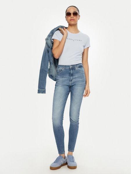 Tommy Jeans T-Shirt Linear DW0DW18398 Błękitny Slim Fit. Niebieskie t-shirty Tommy Jeans, m, bez wzorów, z bawełny, bez kołnierzyka, bez ramiączek. Za 109,99 zł.