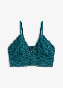Biustonosz bustier bez fiszbinów, z kwiatową koronką. Niebieskie biustonosze bonprix, bez wzorów, z koronki. Za 74,99 zł.