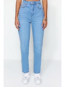 Trendyol Dżinsy - Tapered fit - w kolorze błękitnym rozmiar: 38. Niebieskie jeansy Trendyol, bez wzorów, z bawełny, z podwyższonym stanem. Za 70,24 zł.