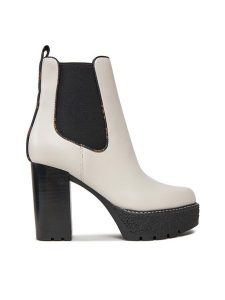 Guess Botki FL8EEA ELE10 Biały. Białe botki Guess, z aplikacjami, ze skóry, bez obcasa, na słupku, bez zapięcia. Za 549,99 zł.