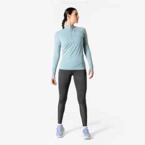 Legginsy do biegania w terenie damskie Kiprun. Szare legginsy KIPRUN, bez wzorów, z materiału, z podwyższonym stanem, długie. Za 149,99 zł.