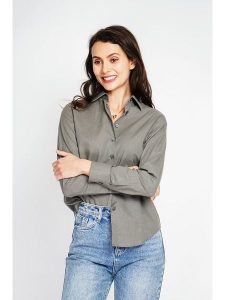 ASSUILI Lniana koszula w kolorze khaki rozmiar: 42. Brązowe koszule Assuili, bez wzorów, ze lnu, bez kołnierzyka, bez ramiączek. Za 173,99 zł.