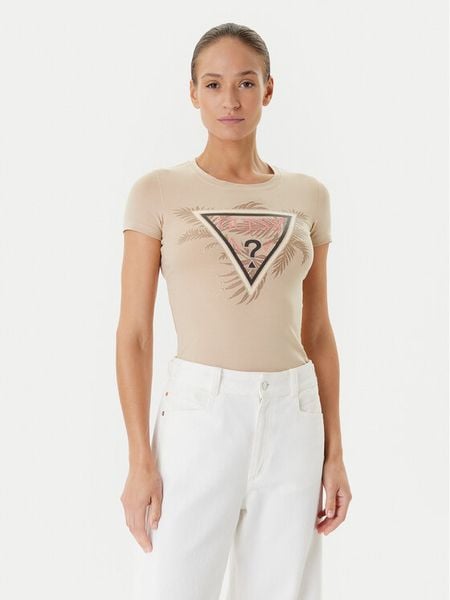 Guess T-Shirt W5YI13 J1314 Beżowy Regular Fit. Brązowe t-shirty Guess, m, z aplikacjami, z bawełny, bez kołnierzyka, bez ramiączek. Za 88,00 zł.