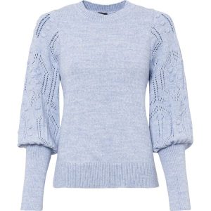 Sweter w ażurowy wzór. Niebieskie swetry klasyczne bonprix, bez kołnierzyka. Za 134,99 zł.
