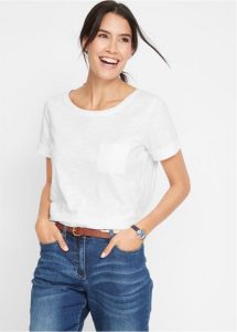 T-shirt z czystej bawełny. Białe t-shirty bonprix, bez wzorów, z bawełny, bez kołnierzyka, bez ramiączek. Za 42,99 zł.