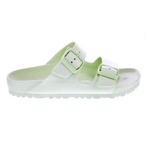 Klapki damskie Birkenstock Arizona Eva. Zielone klapki Birkenstock, bez wzorów, z materiału, bez obcasa. Za 329,00 zł.