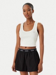 Guess Top V6GP07 K2987 Biały Slim Fit. Białe topy Guess, m, z aplikacjami, z wiskozy, bez kołnierzyka, bez ramiączek. Za 154,99 zł.