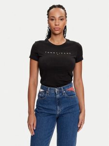 Tommy Jeans T-Shirt Linear DW0DW18398 Czarny Slim Fit. Czarne t-shirty Tommy Jeans, xs, bez wzorów, z bawełny, bez kołnierzyka, bez ramiączek. Za 89,99 zł.