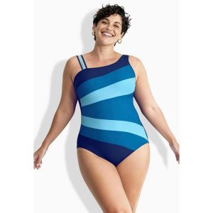 Damskie Strój kąpielowy szerokie kolorowe pasy miękkie miseczki okrągły dekolt. Niebieskie stroje jednoczęściowe Ulla Popken, bez wzorów, z elastanu. Za 239,99 zł.