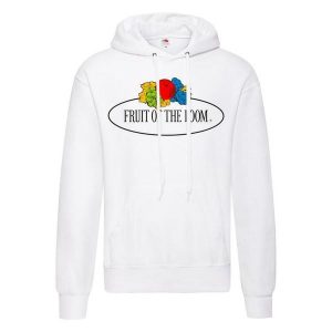 Damska Bluza Z Kapturem Z Nadrukiem Klasycznego Logo W Stylu Vintage. Białe bluzy FRUIT OF THE LOOM, xl, bez wzorów, z kapturem. Za 97,99 zł.