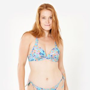Góra kostiumu kąpielowego surfingowego damska Olaian Elena Prairie. Niebieskie bikini OLAIAN, bez wzorów, z elastanu. Za 79,99 zł.