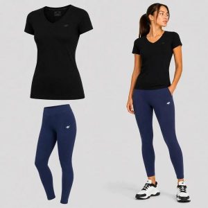 ZESTAW DAMSKI 4F T-SHIRT + LEGGINSY SPORTOWY KOMPLET NA CO DZIEŃ XS SS26. Legginsy 4f, bez wzorów, z bawełny. Za 119,98 zł.
