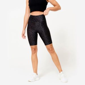 Legginsy krótkie fitness damskie Domyos ciemnoszare w panterkę. Szare legginsy DOMYOS, bez wzorów, z elastanu, z podwyższonym stanem, krótkie. Za 39,99 zł.