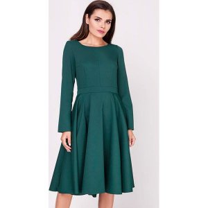 Sukienka w kolorze ciemnozielonym. Zielone sukienki marki Moda w jesiennych kolorach, z dekoltem na plecach, z długim rękawem. W wyprzedaży za 109,95 zł.