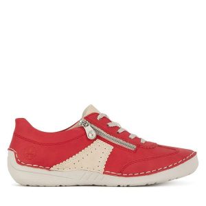 Półbuty Rieker. Czerwone półbuty Rieker, bez wzorów, bez obcasa, na płaskiej podeszwie, bez zapięcia. Za 339,99 zł.