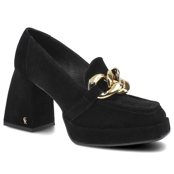 Półbuty damskie Carinii, naturalna skóra zamszowa z elegancką cholewką ozdobnym metalowym łańcuchem, czarne, B7425-H20-E61. Czarne półbuty Carinii, bez wzorów, ze skóry, bez obcasa, na obcasie, bez zapięcia. Za 369,00 zł.