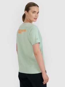 4F T-shirt oversize z nadrukiem damski - turkusowy XXL. Niebieskie t-shirty 4f, uniwersalny, bez wzorów, z bawełny, bez kołnierzyka, bez ramiączek. W wyprzedaży za 29,99 zł.