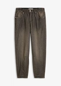 Jeansy typu barrel, mid waist, z wygodnym pasem. Szare jeansy bonprix, bez wzorów, z jeansu. Za 149,99 zł.