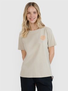 4F T-shirt oversize z nadrukiem damski - beżowy L. Brązowe t-shirty 4f, l, bez wzorów, z bawełny, bez kołnierzyka, bez ramiączek. W wyprzedaży za 49,99 zł.