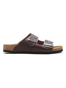 Comfortfusse Skórzane klapki w kolorze bordowym rozmiar: 39. Czerwone klapki Comfortfüße, bez wzorów, z otwartym noskiem, bez obcasa. Za 250,35 zł.