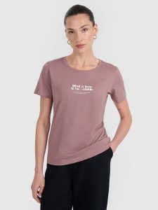 4F T-shirt regular z nadrukiem damski - brązowy L. Brązowe t-shirty 4f, l, bez wzorów, z bawełny, bez kołnierzyka, bez ramiączek. Za 59,99 zł.
