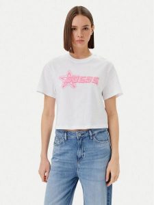 Guess T-Shirt V5GI12 K9RM1 Biały Boxy Fit. Białe t-shirty Guess, xs, z aplikacjami, z bawełny, bez kołnierzyka, bez ramiączek. Za 89,99 zł.