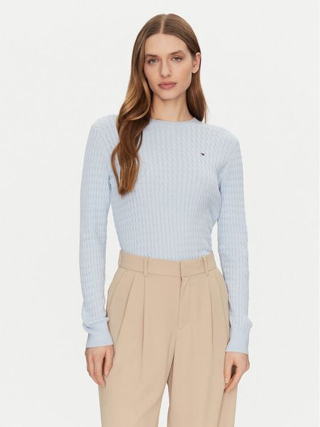 Tommy Hilfiger Sweter WW0WW44993 Błękitny Regular Fit. Niebieskie swetry klasyczne TOMMY HILFIGER, xxs, z bawełny, bez kołnierzyka. Za 475,99 zł.