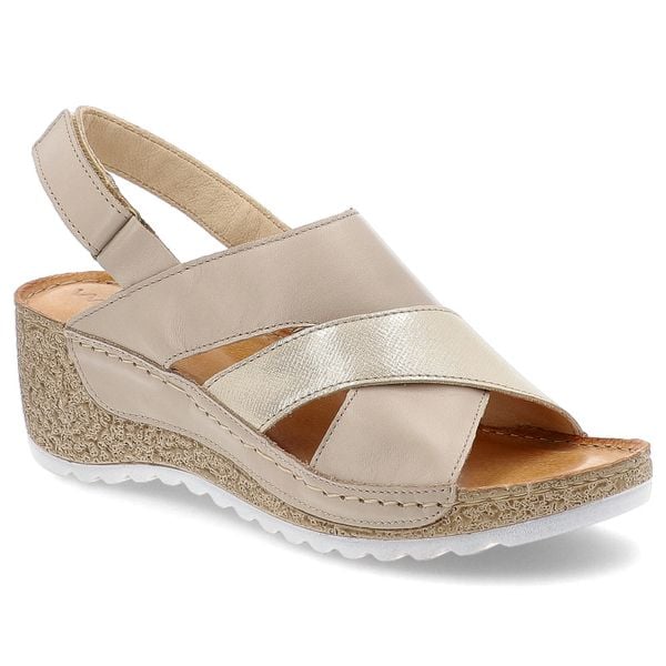 Sandały damskie Wasak, eleganckie skórzane na koturnie na rzepy wygodne, beżowo-złote, 493. Brązowe sandały Wasak, bez wzorów, bez obcasa, na koturnie, bez zapięcia. Za 242,90 zł.