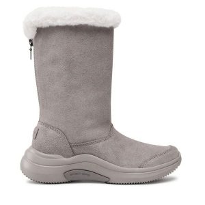 Kozaki Skechers. Szare kozaki Skechers, bez wzorów, bez obcasa, na płaskiej podeszwie, bez zapięcia. Za 579,99 zł.