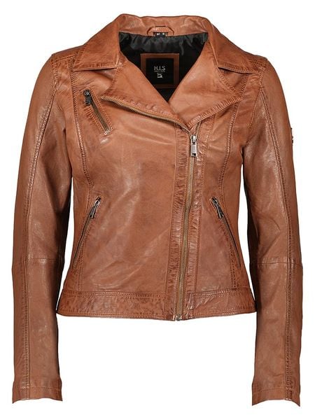 HIS Skórzana kurtka w kolorze janobrązowym rozmiar: 42. Brązowe kurtki HIS, bez wzorów, ze skóry, bez kaptura. Za 312,58 zł.