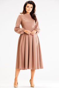 Elegancka Midi Sukienka z Bufiastym Rękawem - Cappuccino. Czarne sukienki Awama, l, bez wzorów, z elastanu, eleganckie, bez kołnierzyka, bez ramiączek, midi. Za 259,90 zł.