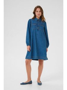 CULTURE Sukienka dżinsowa w kolorze niebieskim rozmiar: L. Niebieskie sukienki Culture, l, bez wzorów, bez kołnierzyka, bez ramiączek, midi. Za 135,17 zł.