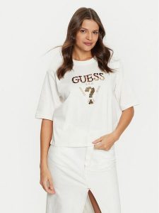 Guess T-Shirt V4YI06 I3Z14 Écru Boxy Fit. T-shirty Guess, s, z aplikacjami, z bawełny, bez kołnierzyka, bez ramiączek. Za 199,99 zł.