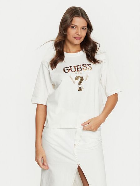 Guess T-Shirt V4YI06 I3Z14 Écru Boxy Fit. T-shirty Guess, xs, z aplikacjami, z bawełny, bez kołnierzyka, bez ramiączek. Za 199,99 zł.