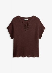 Sweter z krótkim rękawem z błyszczącą nicią. Brązowe swetry klasyczne bonprix, bez kołnierzyka. Za 99,99 zł.