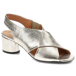 Sandały damskie Simen, ze skóry naturalnej licowej z metalicznym wykończeniem krzyżującymi się paskami z przodu elastyczną wstawką z tyłu i stabilnym. Żółte sandały Simen, bez wzorów, ze skóry, bez obcasa, na obcasie, bez zapięcia. Za 309,00 zł.