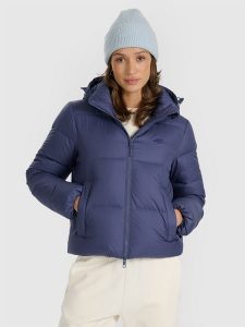4F Kurtka puchowa z wypełnieniem naturalnym damska - granatowa XS. Niebieskie kurtki 4f, na zimę, xs, bez wzorów, z puchu, bez kaptura. W wyprzedaży za 349,99 zł.
