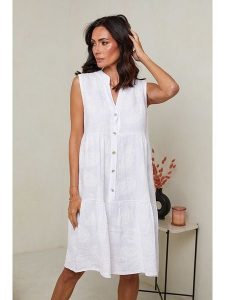 Le Monde du Lin Lniana sukienka w kolorze białym rozmiar: 36/38. Białe sukienki Le Monde du Lin, bez wzorów, ze lnu, klasyczne, bez kołnierzyka, bez ramiączek, midi, rozkloszowane. Za 165,99 zł.