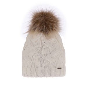 Czapka zimowa damska kremowa z pomponem. Białe czapki Molly, bez wzorów, z materiału. Za 59,90 zł.
