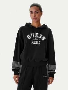 Guess Bluza V6RQ02 KCAY2 Czarny Regular Fit. Czarne bluzy Guess, m, z aplikacjami, z syntetyku, bez kaptura. Za 365,99 zł.
