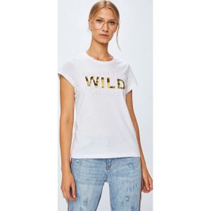 Only - Top. Szare t-shirty marki ONLY, z aplikacjami, z bawełny, z okrągłym kołnierzem, z krótkim rękawem. W wyprzedaży za 59,90 zł.
