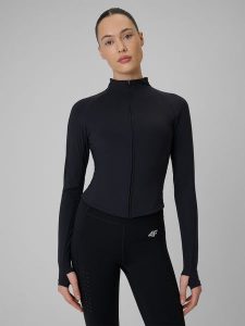 4F Bluza treningowa slim szybkoschnąca damska - czarna S. Czarne bluzy 4f, s, bez wzorów, ze skóry, bez kaptura. Za 199,99 zł.