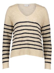 Vila Sweter w kolorze beżowo-granatowym rozmiar: L. Brązowe swetry oversize Vila, l, bez wzorów, z bawełny, bez ramiączek. Za 84,21 zł.