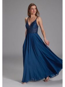 SWING Sukienka w kolorze niebieskim rozmiar: 42. Niebieskie sukienki Swing, bez wzorów, bez kołnierzyka, bez ramiączek, maxi. Za 304,49 zł.