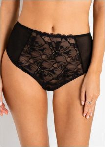 Koronkowe stringi z wysokim stanem. Czarne komplety bielizny bonprix, bez wzorów, z koronki. Za 42,99 zł.