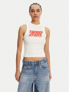 Tommy Jeans Top DW0DW21339 Écru Slim Fit. Topy Tommy Jeans, l, bez wzorów, z bawełny, bez kołnierzyka, bez ramiączek. Za 79,99 zł.
